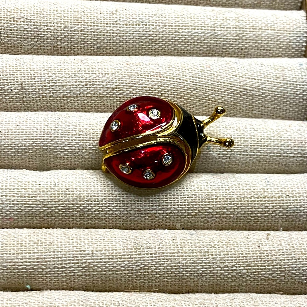Vintage LadyBug Brooch Red and Black Enamel Rhinestone and Gold tone Accents